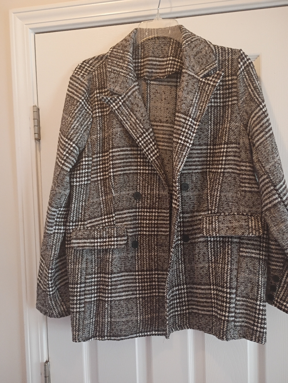 Women’s Plaid Double-Breasted Coat Jacket & Wide Leg Pants Brown/Black (,XL)